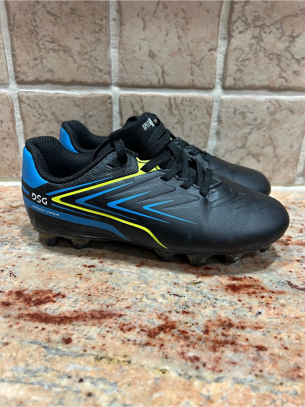 DSG Black Soccer Cleats with Blue & Neon Yellow Accents